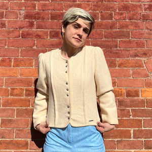 80s Cream Sweater Jacket| Boiled Wool| Small| Vintage VTG| Made in Austria